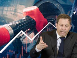 Lars Klingbeil vor einer Bildcollage mit steigendem Graph und einer Tanksituation