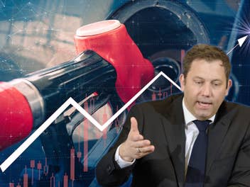 Lars Klingbeil vor einer Bildcollage mit steigendem Graph und einer Tanksituation