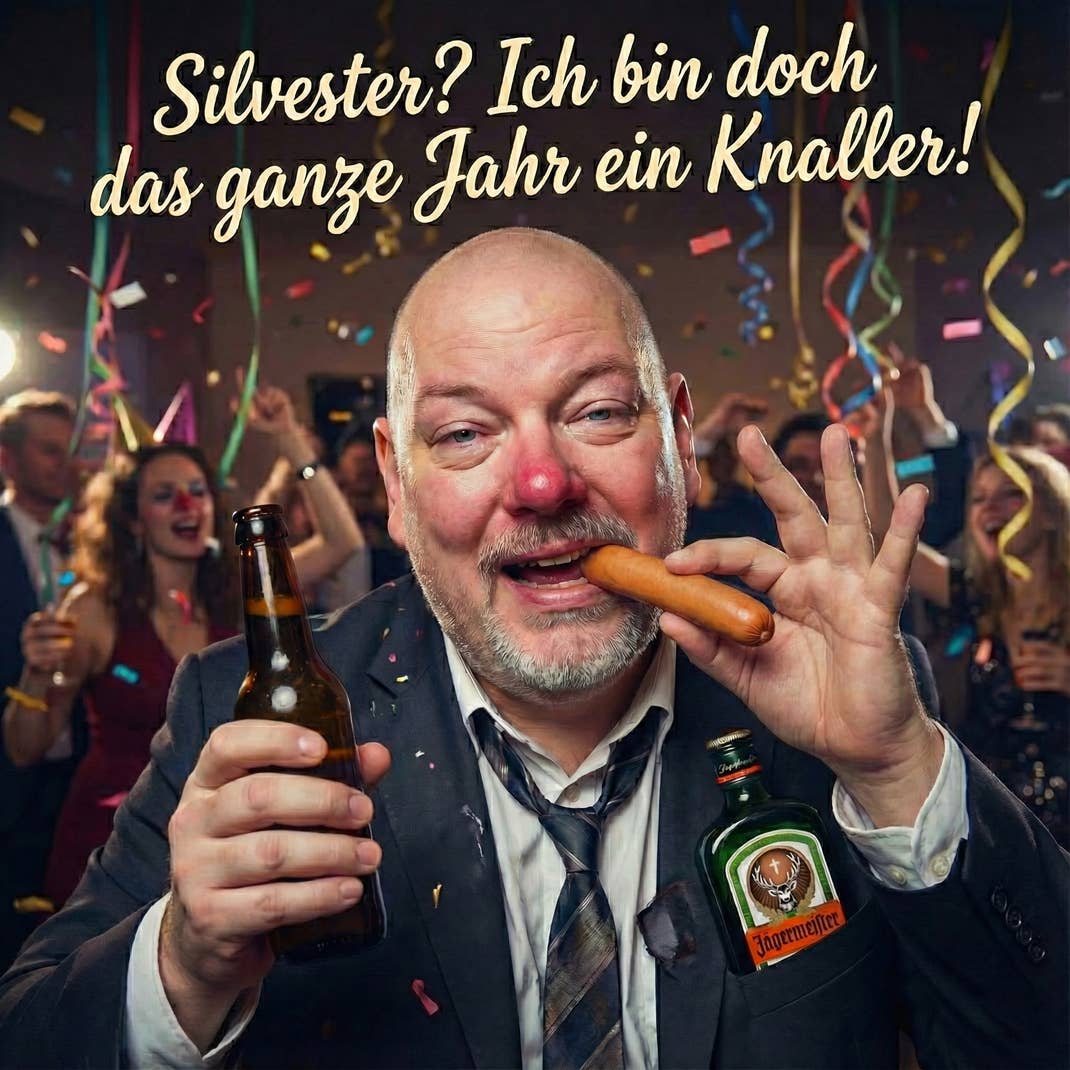 Betrunkener Mann mit roter Nase, Drink und Bockwurst.
