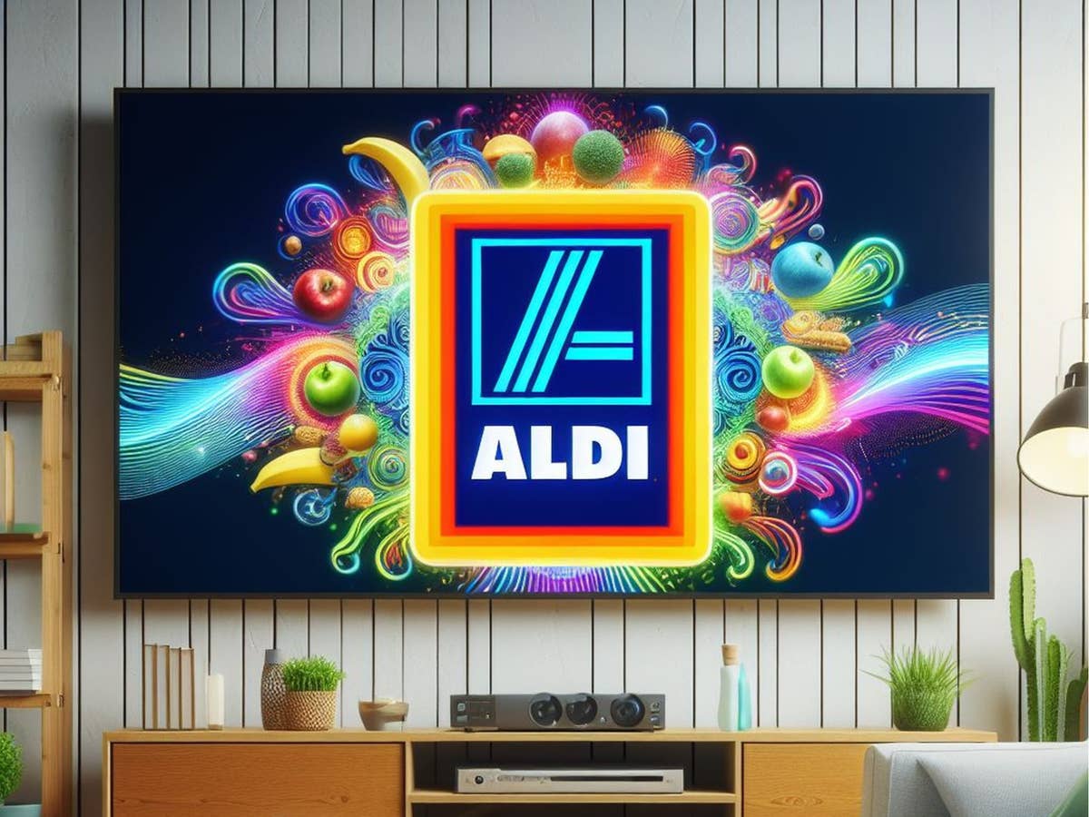 Fernseher in einem Wohnzimmer mit Logo von Aldi auf dem Display.