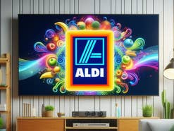 Fernseher in einem Wohnzimmer mit Logo von Aldi auf dem Display.