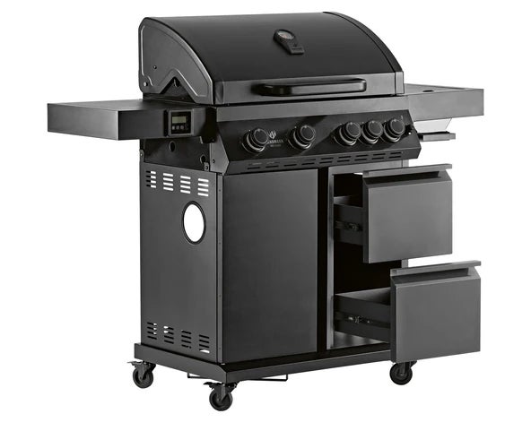 Landmann Gasgrill Cool Black 4.1 maxX in der Frontansicht mit geöffneten Schubladen.