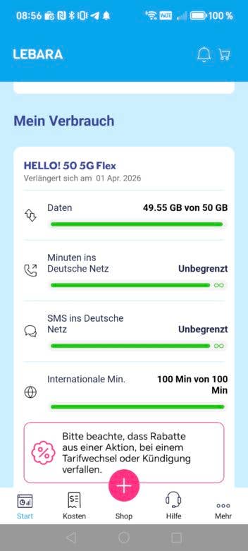 Screenshot in der Lebara-App