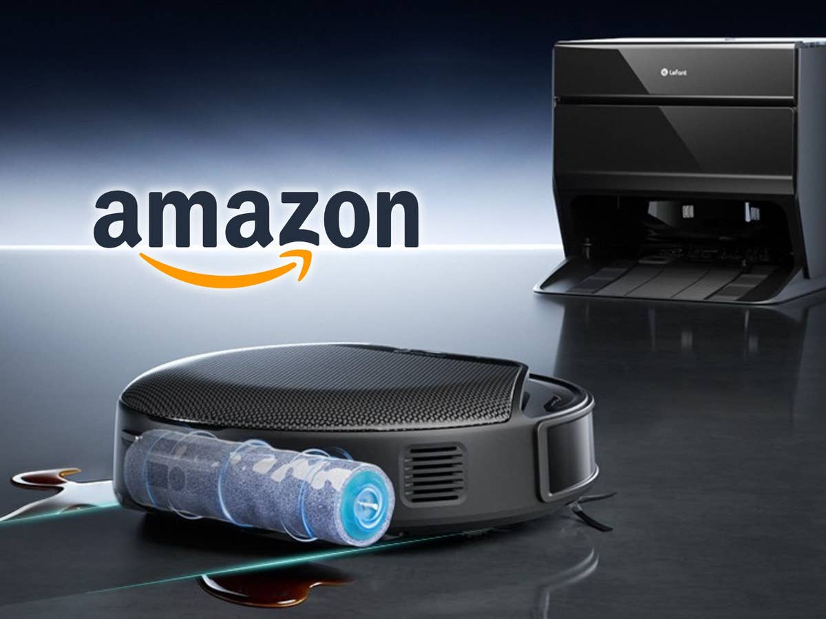 Lefant M5 Pro mit Amazon Logo Lefant M5 Pro Saugroboter, daneben das Amazon-Logo