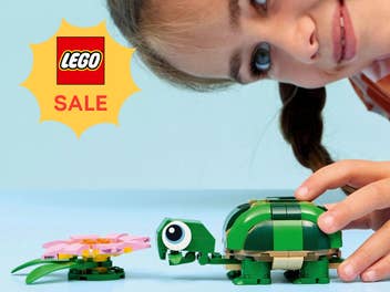 LEGO-Schildkröte, die ein kleines Mödchen in der Hand hat, oben links LEGO-Logo mit 