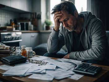 Ein Mann, der am Tisch vor seinen Arztrechnungen sitzt