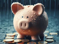 Sparschwein steht im Regen auf Euro-Münzen.