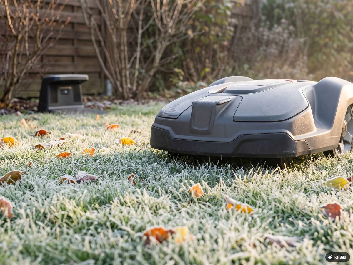 Jetzt im Herbst: Dieser Mähroboter-Fehler kostet dich den Rasen im Frühjahr Ein Rasenmäherroboter auf frostigem Boden