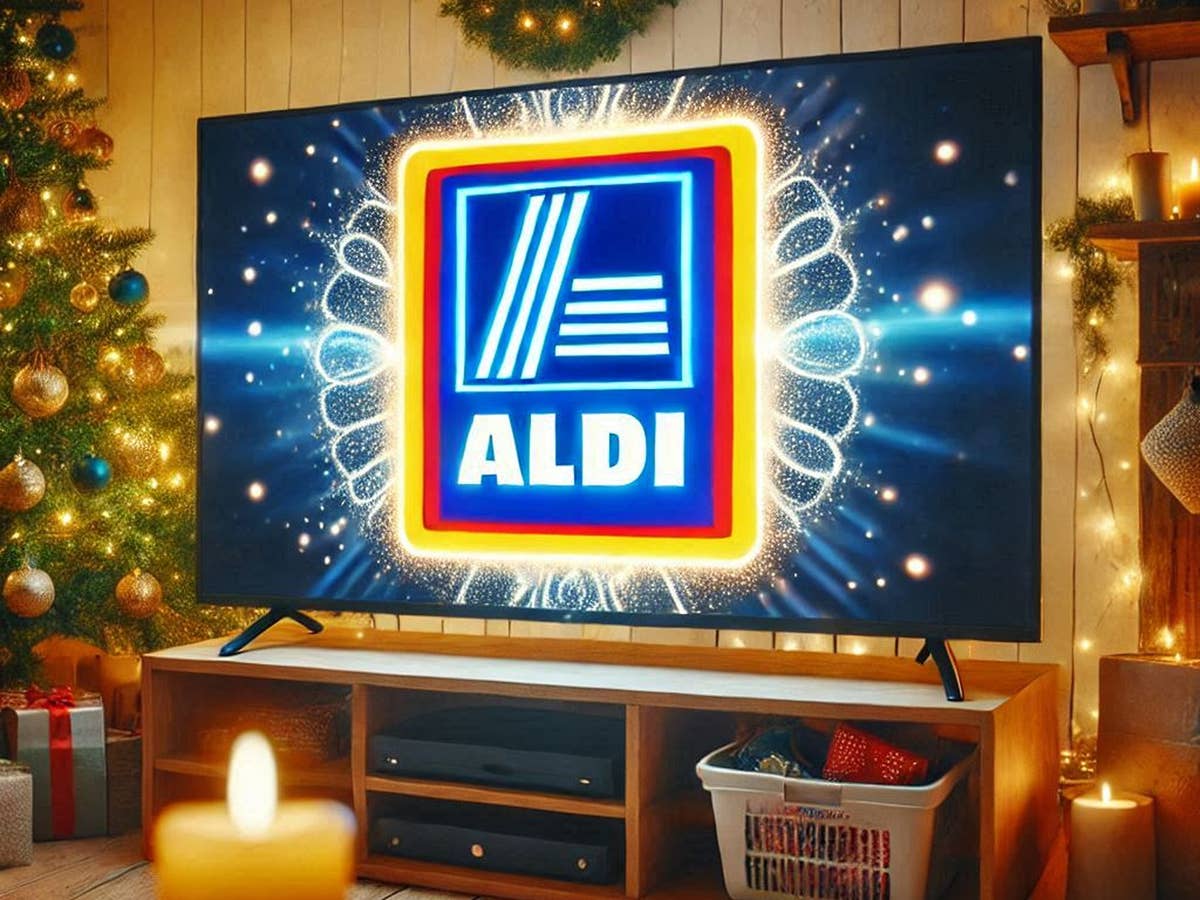 Fernseher mit einem leuchtenden Logo von Aldi in einem weihnachtlichen Wohnzimmer.
