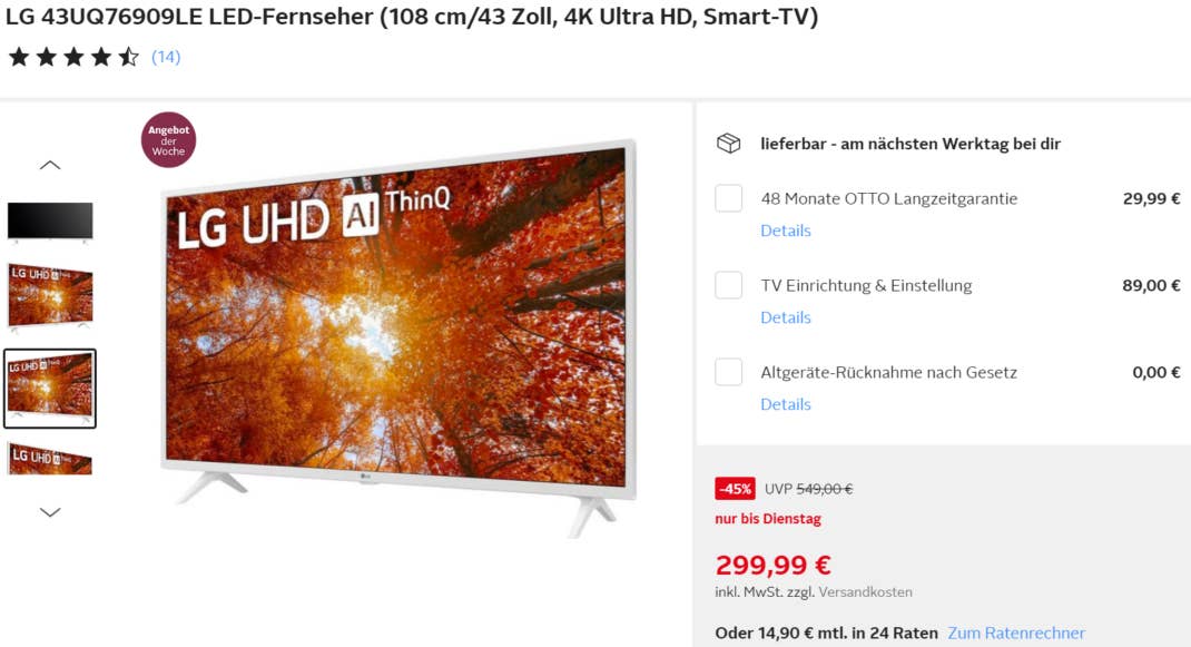 LG 4K-TV im Angebot bei Otto für unter 300 Euro