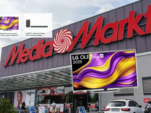 MediaMarkt-Store im Hintergrund, davor ein OLED-Fernseher von LG sowie ein Set mit einer Soundbar