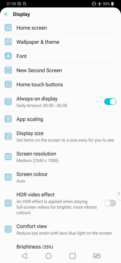 Ein Screenshot vom den Display Einstellungen des LG V40 ThinQ.