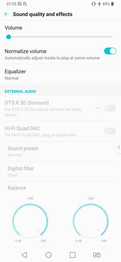 Ein Screenshot vom den Sound Einstellungen des LG V40 ThinQ.