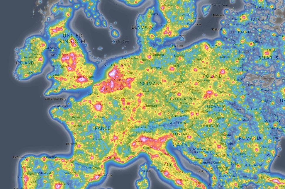 Karte zeigt Lichtverschmutzung in Europa