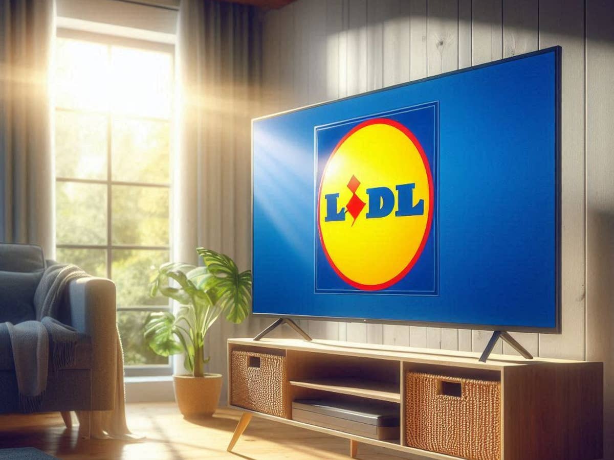 Fernseher in einem Wohnzimmer im Sonnenlicht mit dem Lidl-Logo auf dem Bildschirm.
