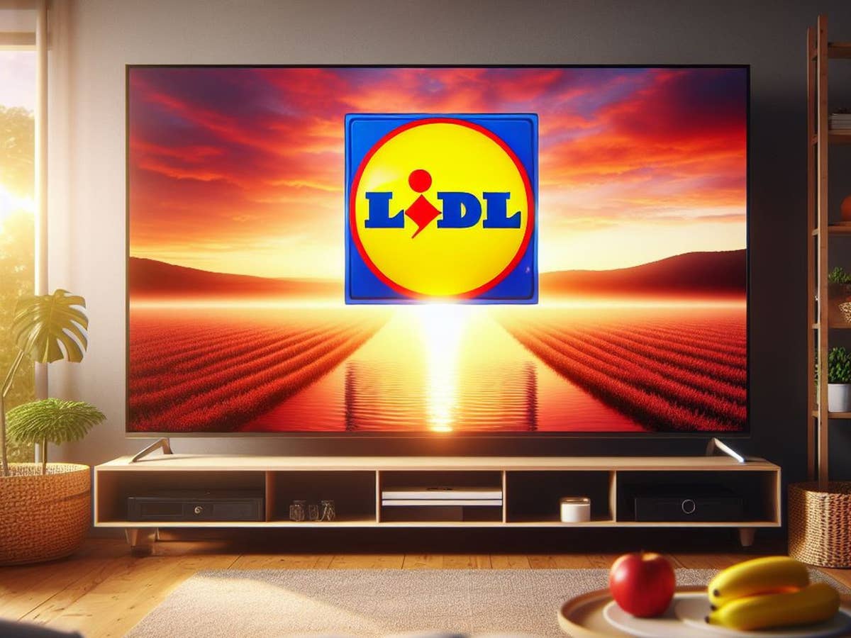 Fernseher in einem Wohnzimmer mit dem Logo von Lidl auf dem Display.