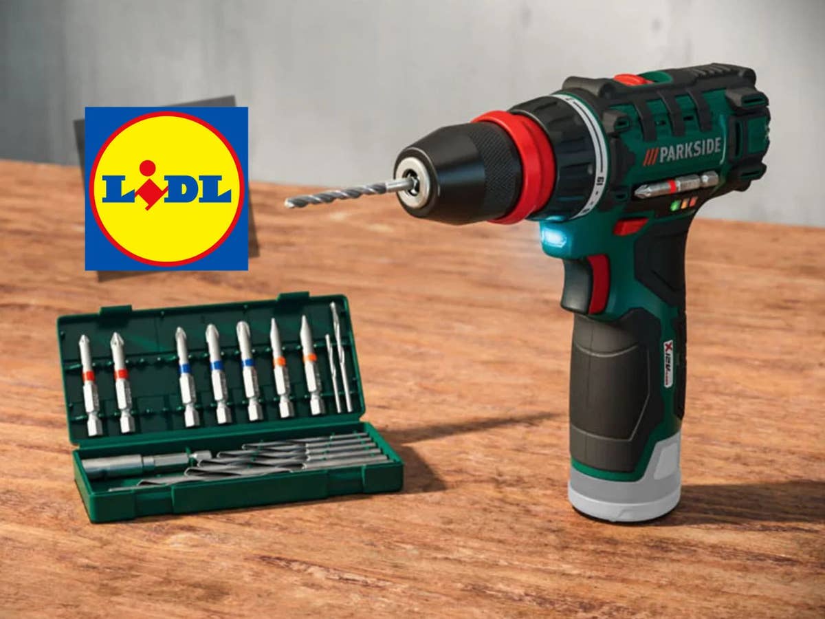 Nur 14,99 Euro bei Lidl Lidl Akku-Bohrschrauber steht auf einer Werkbank