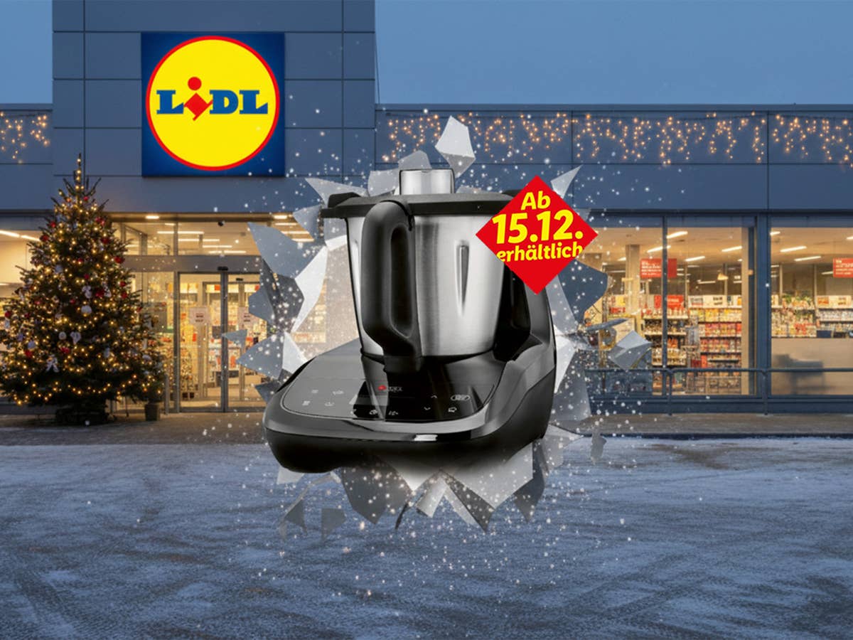 lidl-filiale-mit-monsieur-cuisine-compact Verschneite Lidl-Filiale. Im Vordergrund ist ein Küchengerät zu erkennen.