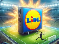 Lidl-Logo auf einem Fernseher im Fußballstadion.