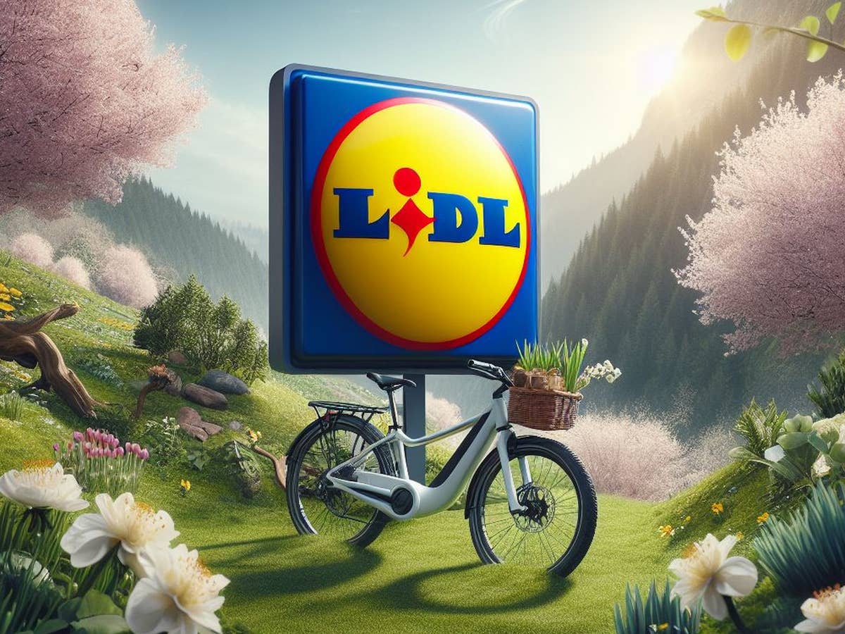 Logo von Lidl in frühlingshafter Umgebung mit einem E-Bike.