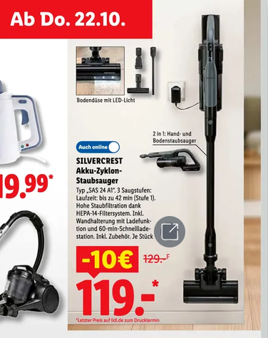 Screenshot aus Lidl-Prospekt mit einem Akkusauger-Angebot von Silvercrest