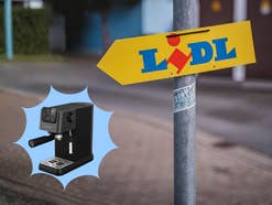 Lidl-Logo auf Pfeil an Laternenmast, daneben eine Kaffeemaschine von Grundig