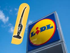 Lidl-Logo vor einem blauen Himmel, daneben ein AEG Akkusauger