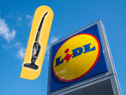 Lidl-Logo vor einem blauen Himmel, daneben ein AEG Akkusauger