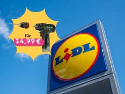 Lidl-Logo daneben ein Akku-Bohrschrauber, der jetzt nur 14,99 Euro kostet