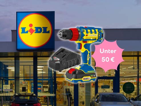 Lidl-Filiale daneben ein Akku-Bohrschrauber für unter 50 Euro im Lidl-Design