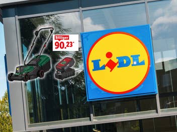 Lidl-Geschäft mit Fokus auf das Logo, daneben ein Parkside Akku-Rasenmäher