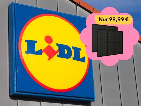 Lidl Logo auf einem Store, daneben ein Balkonkraftwerk, welches für 99,99 Euro verkauft wird