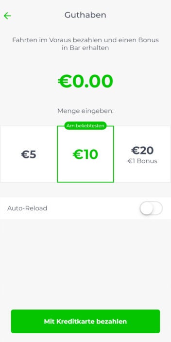 Screenshot der App des Anbieters Lime: Vorauszahlen möglich