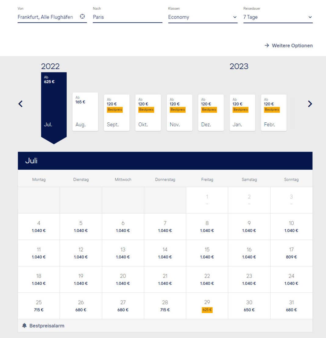 Screenshot einer Buchungsmaske für Lufthansa-Flüge