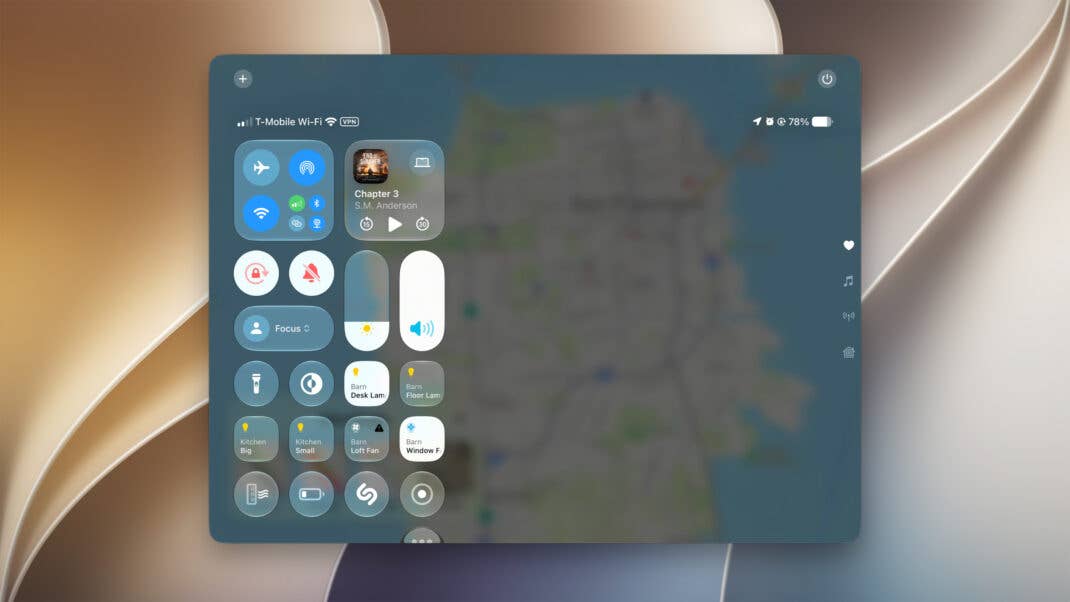 Das Kontrollzentrum von iOS 27 erscheint im breiten iPhone-Mirroring-Fenster links angeordnet und lässt rechts viel freie Fläche.