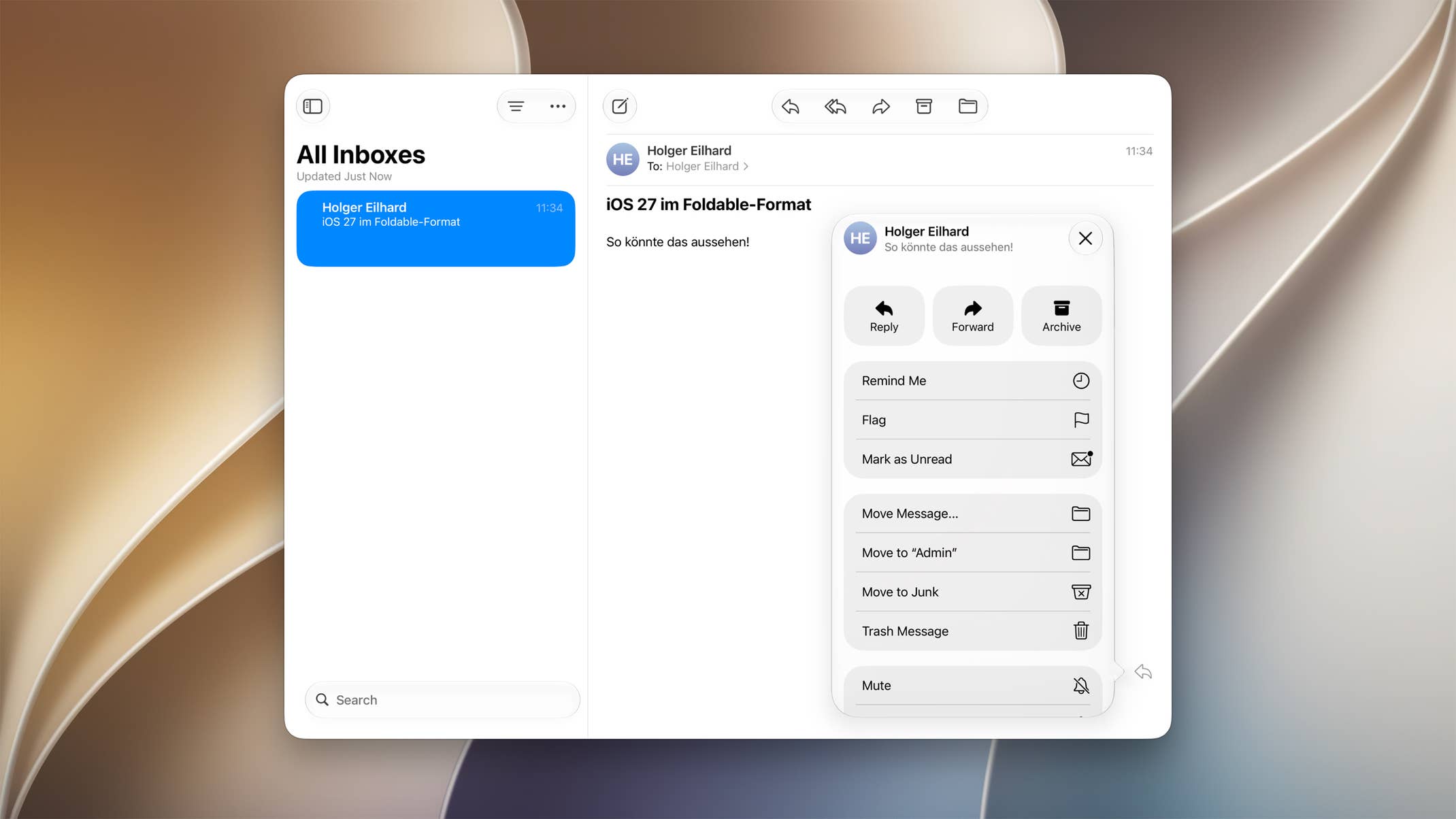 Die Mail-App in iOS 27 zeigt im breiten iPhone-Mirroring-Fenster eine Nachrichtenliste, eine geöffnete E-Mail und ein Kontextmenü nebeneinander.