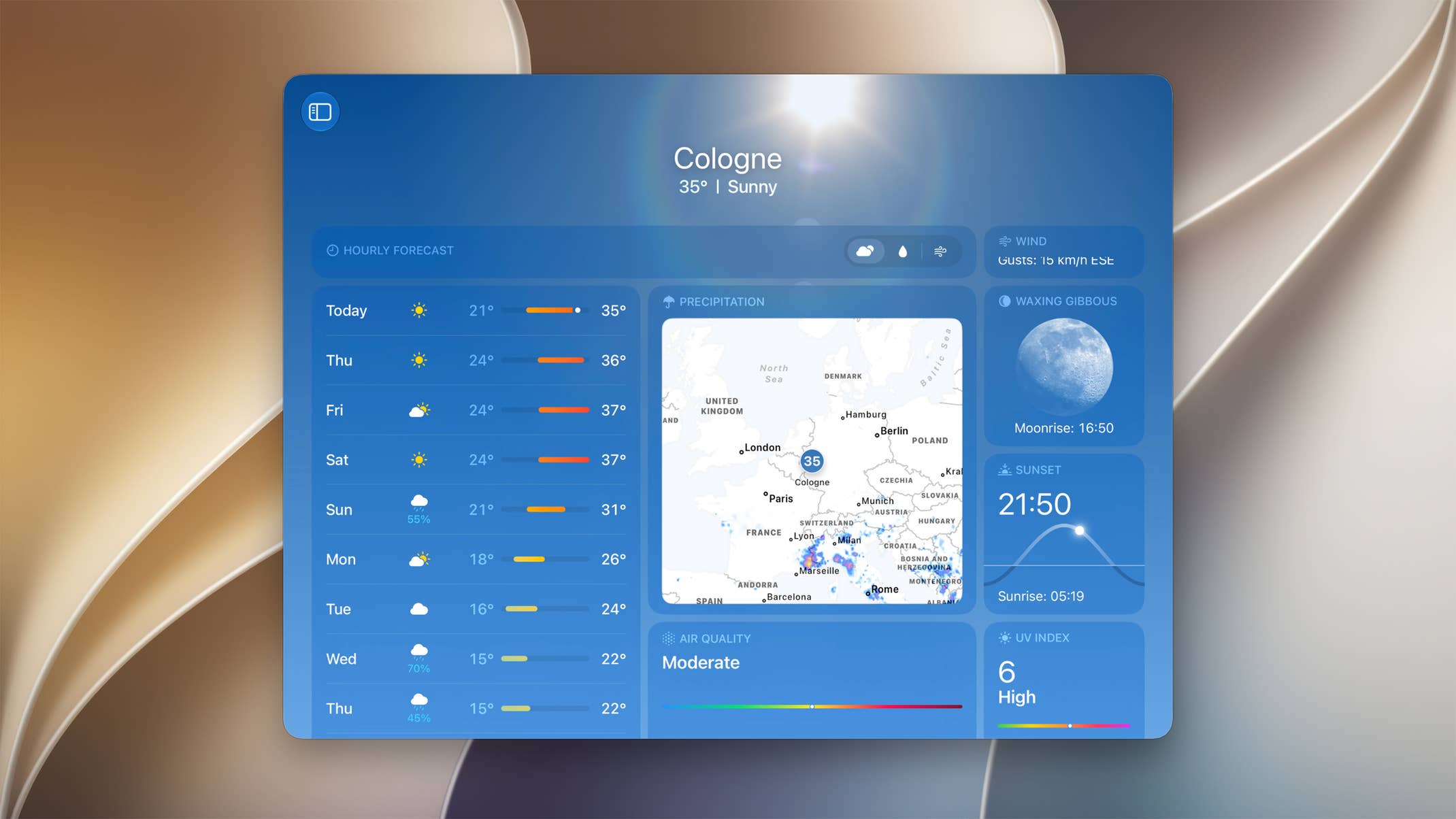 Die Wetter-App in iOS 27 zeigt im breiten iPhone-Mirroring-Fenster Vorhersage, Karte, Mondphase, Sonnenuntergang und weitere Wetterdaten gleichzeitig.
