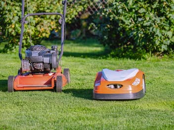 Ein Rasenmäher und ein Mähroboter nebeneinander auf dem Rasen