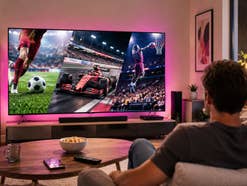 Ein Paar sitzt auf der Couch vor einem großen TV mit einem Sport-Symboldbild.