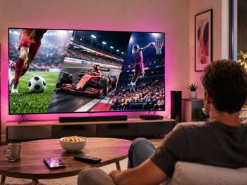 Ein Paar sitzt auf der Couch vor einem großen TV mit einem Sport-Symboldbild.