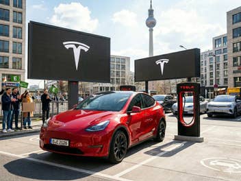 Tesla Model Y an einem Supercharger in Berlin.