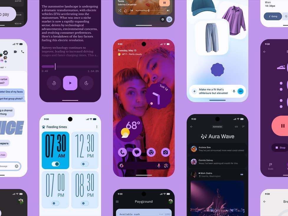 Verschiedene Smartphone-App-Designs, die Android 16 Material 3 mit ausdrucksstarken Schnittstellen zeigen.