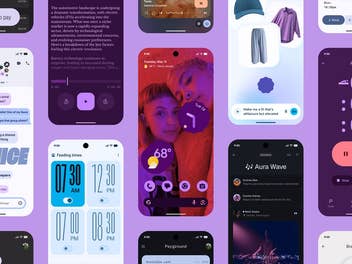 Verschiedene Smartphone-App-Designs, die Android 16 Material 3 mit ausdrucksstarken Schnittstellen zeigen.