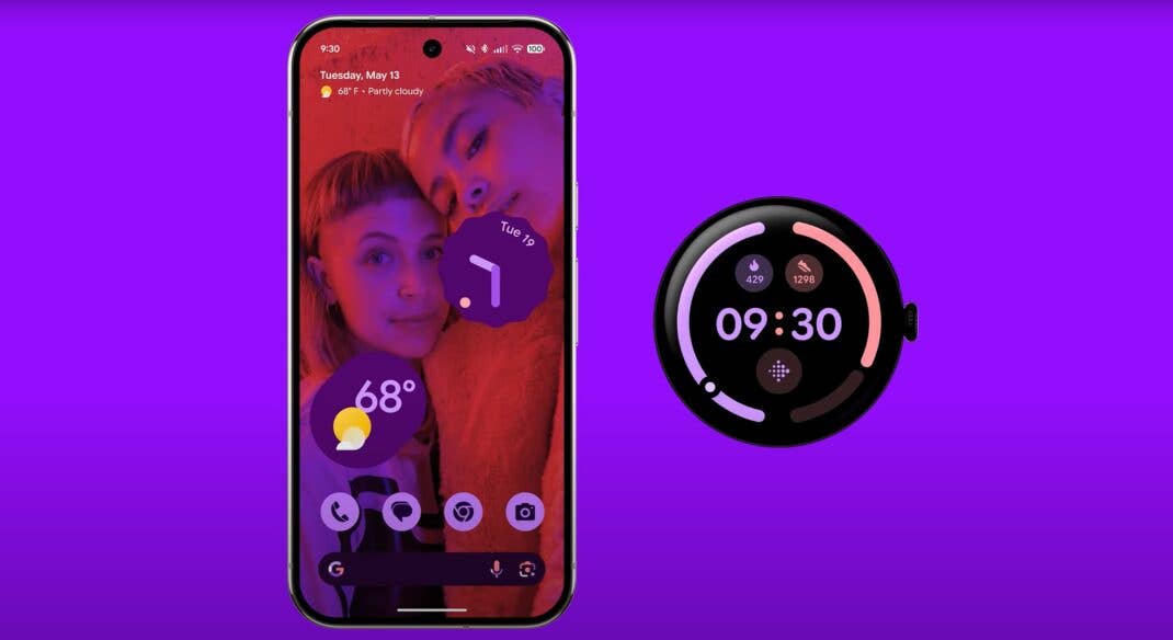 Ein Smartphone zeigt ein Wetter-Widget und eine WearOS-Smartwatch auf lila Hintergrund.
