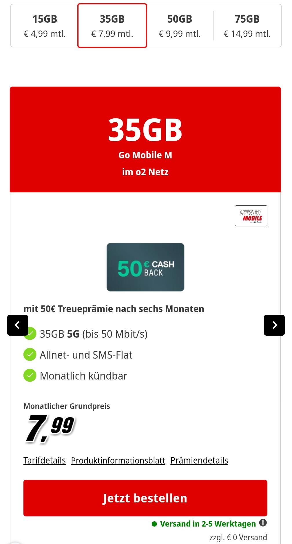 Screenshot eines MediaMarkt-Tarif-Angebots mit 35 GB für 9,99 Euro und 50 Euro Cashback
