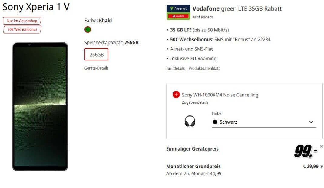 MediaMarkt-Angebot zu einem Sony-Smartphone mit Vertrag und Gratis-Kopfhörern