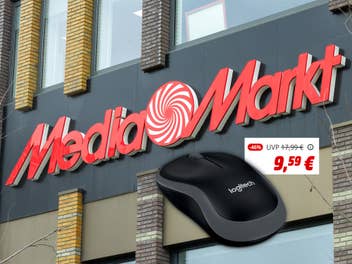 MediaMarkt Ladenfront mit Logo und Logitech-Maus mit Angebot