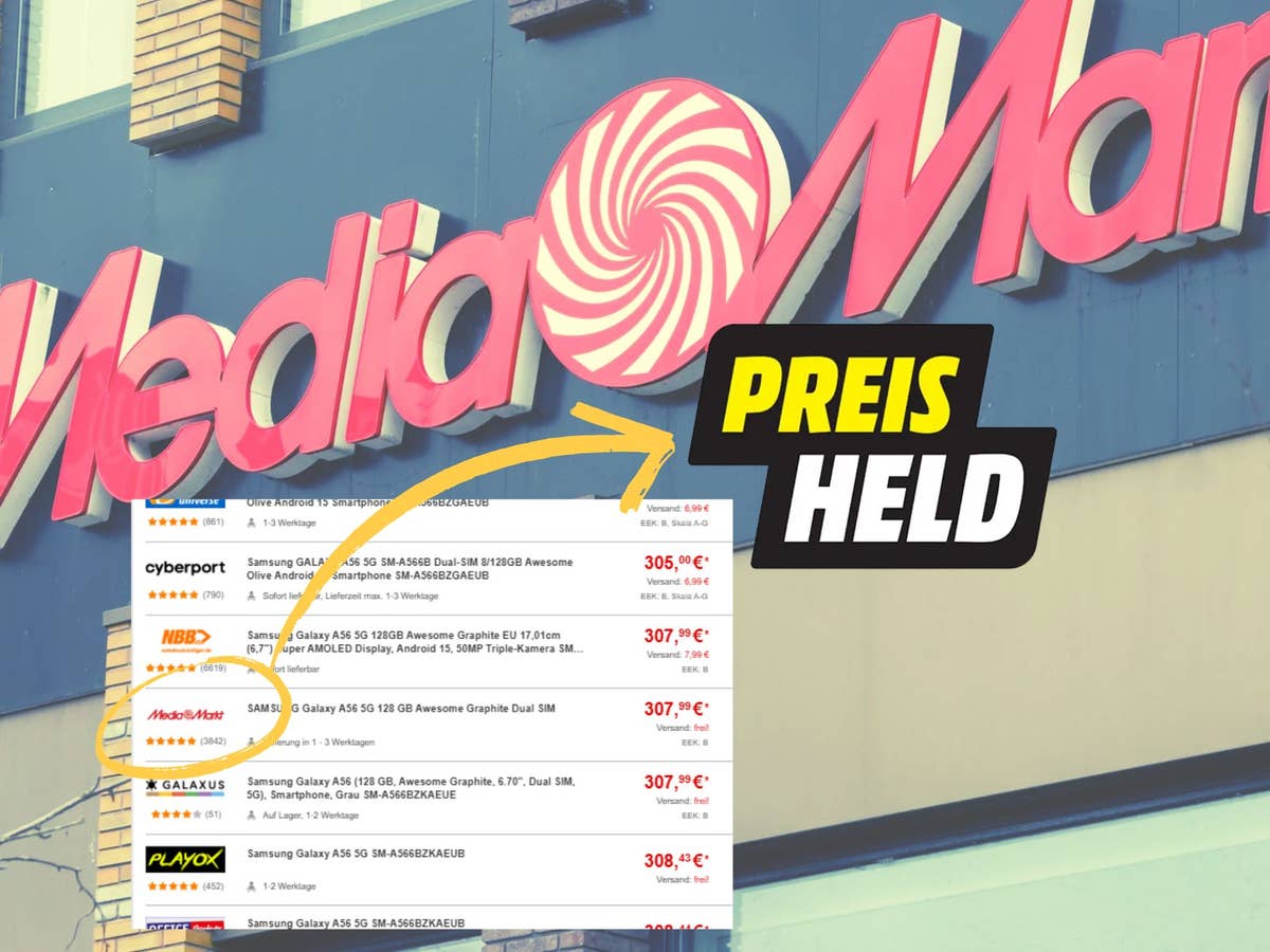 MediaMarkt-Schriftzug eines Ladengeschäfts als Hintergrund; im Vordergrund ein Screenshot eines Preisvergleichs mit dem Hinaweis auf ein Label 