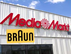 MediaMarkt Logo auf einem Gebäude, davor das Logo von Braun