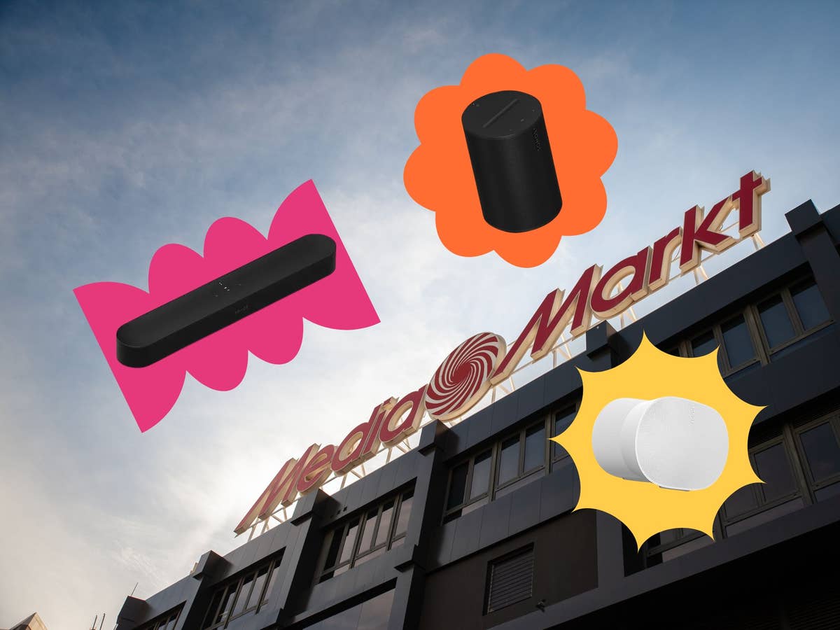 MediaMarkt startet Sonos-Abverkauf - Lautsprecher und Soundbar im Preissturz Sonos-Lautsprecher vor einem MediaMarkt-Logo.